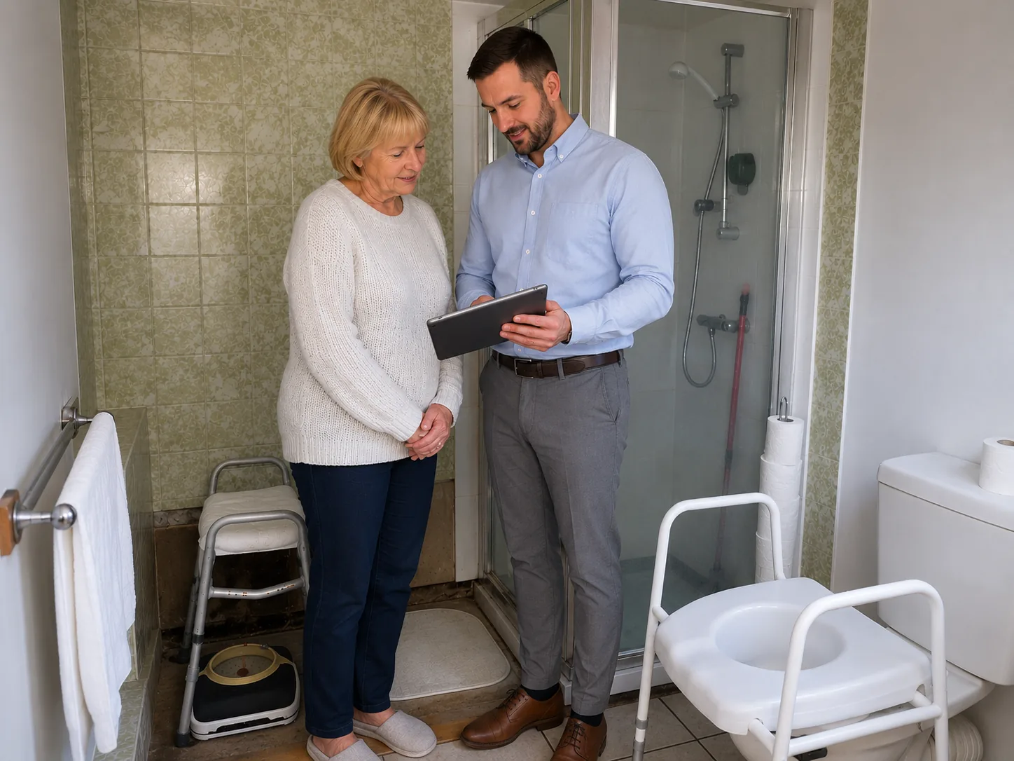 Accessible bathroom surveyor reviewing adaptation options with a homeowner