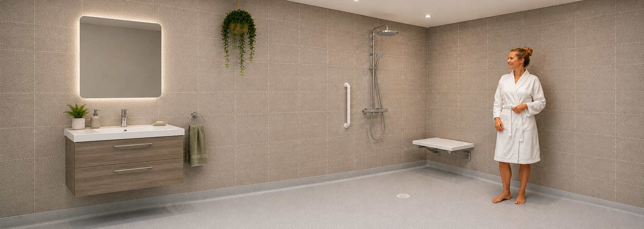 Walk-in shower room with white walls, grey floor tiles, a glass screen and a low shower tray