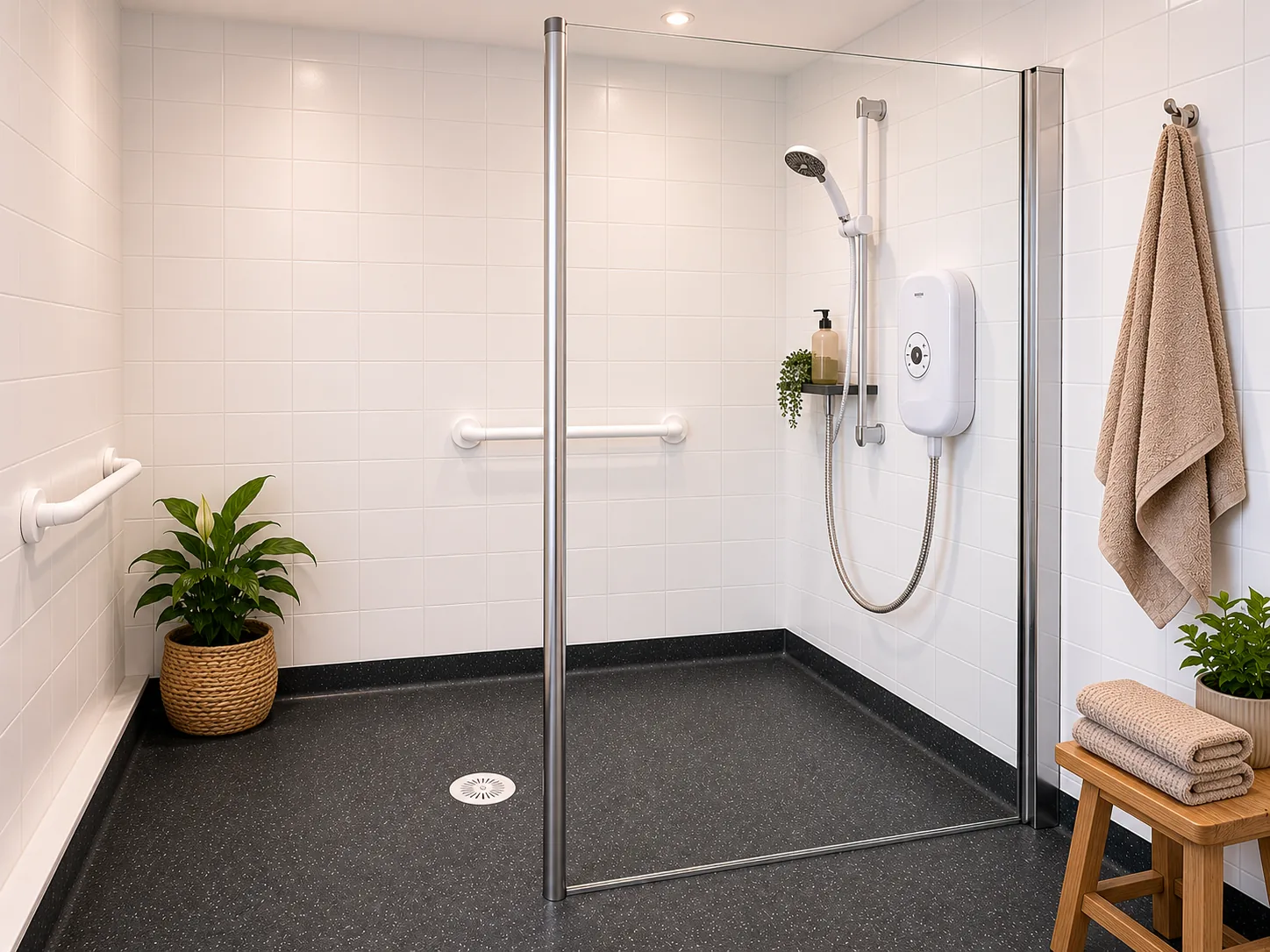 Accessible wet-room-style shower with a glass screen